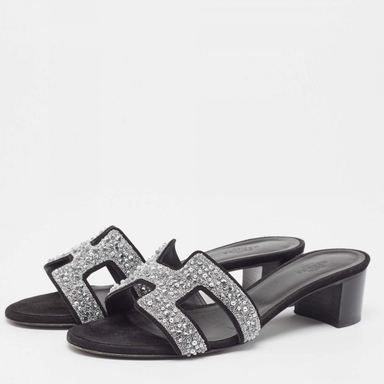 Pre Owned Hermes Black Suede Oasis Embellished Slide Sandals Size 37