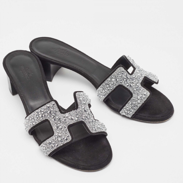 Pre Owned Hermes Black Suede Oasis Embellished Slide Sandals Size 37