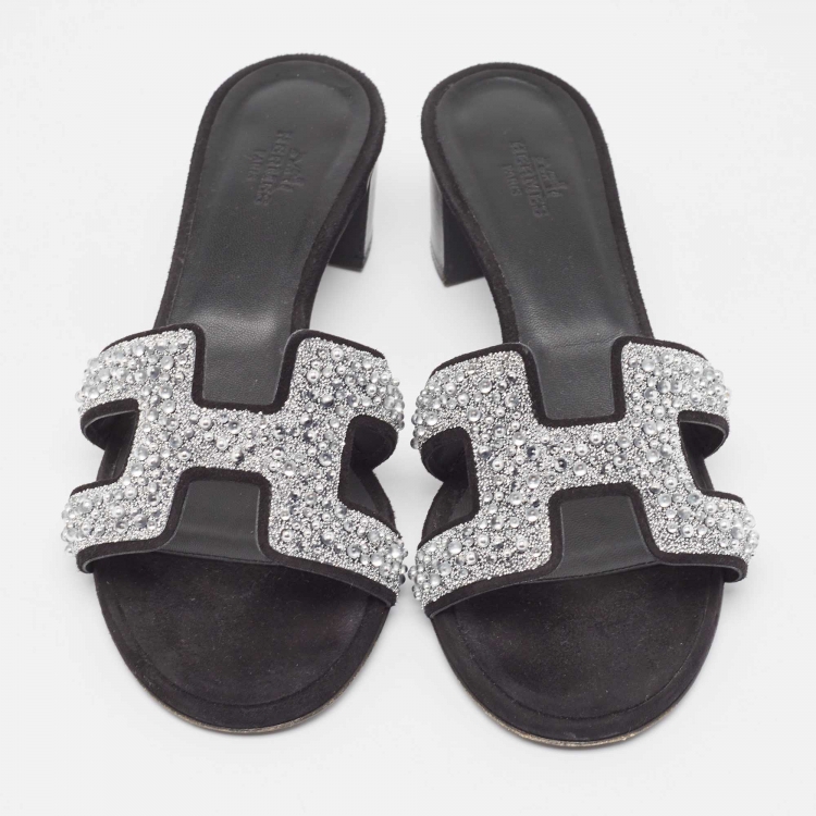 Pre Owned Hermes Black Suede Oasis Embellished Slide Sandals Size 37