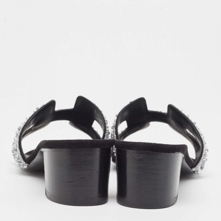 Pre Owned Hermes Black Suede Oasis Embellished Slide Sandals Size 37