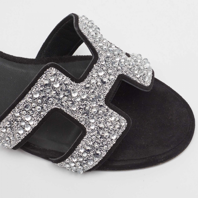Pre Owned Hermes Black Suede Oasis Embellished Slide Sandals Size 37