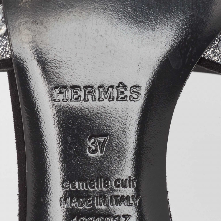 Pre Owned Hermes Black Suede Oasis Embellished Slide Sandals Size 37
