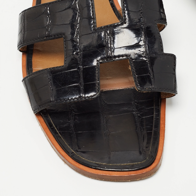 Pre Owned Hermes Black Crocodile Oran Flat Slides Size 40