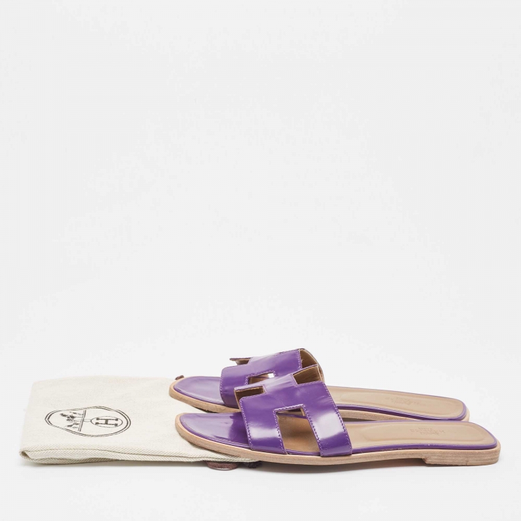 Pre Owned Hermes Purple Leather Oran Flat Slides Size 39 
