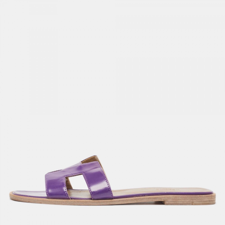 Pre Owned Hermes Purple Leather Oran Flat Slides Size 39 