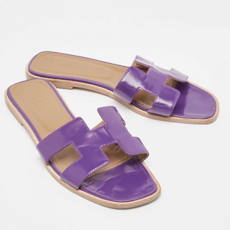 Pre Owned Hermes Purple Leather Oran Flat Slides Size 39 