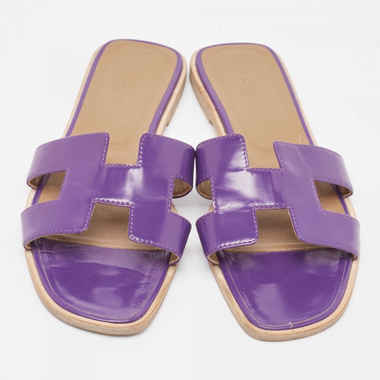 Pre Owned Hermes Purple Leather Oran Flat Slides Size 39 