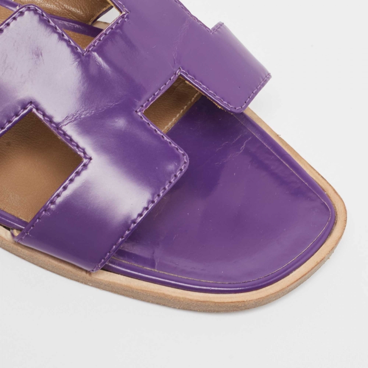Pre Owned Hermes Purple Leather Oran Flat Slides Size 39 