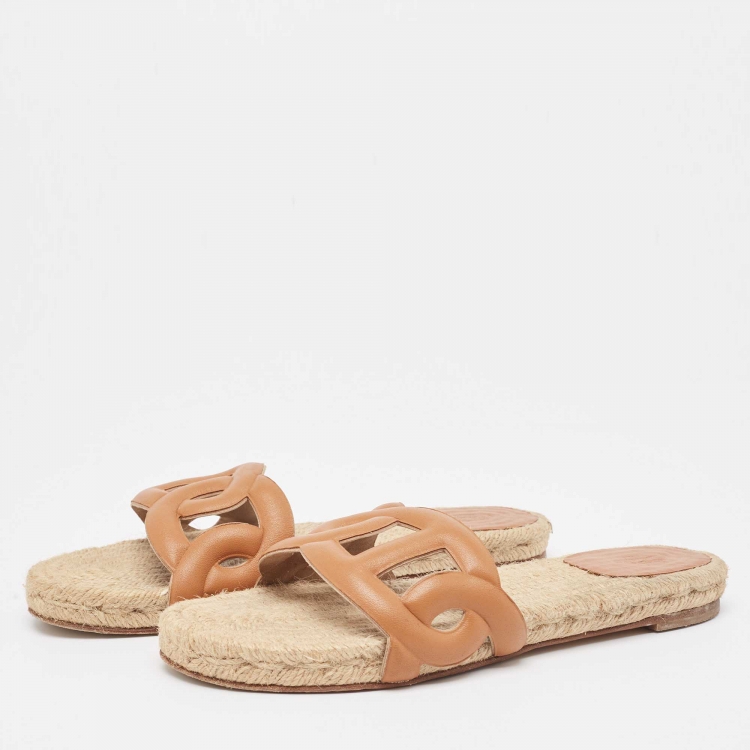 Pre Owned Hermes Brown Leather Famosa Flat Slides Size 38