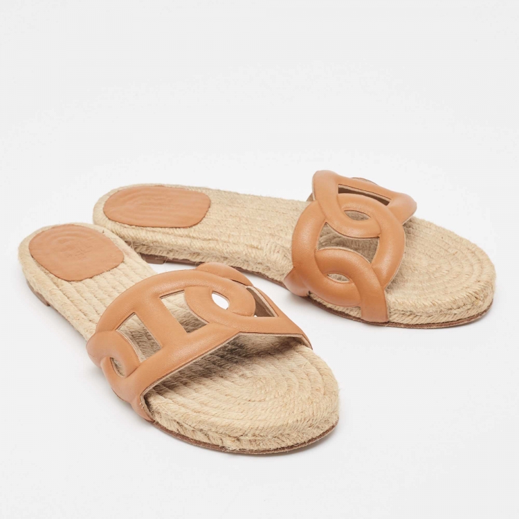 Pre Owned Hermes Brown Leather Famosa Flat Slides Size 38