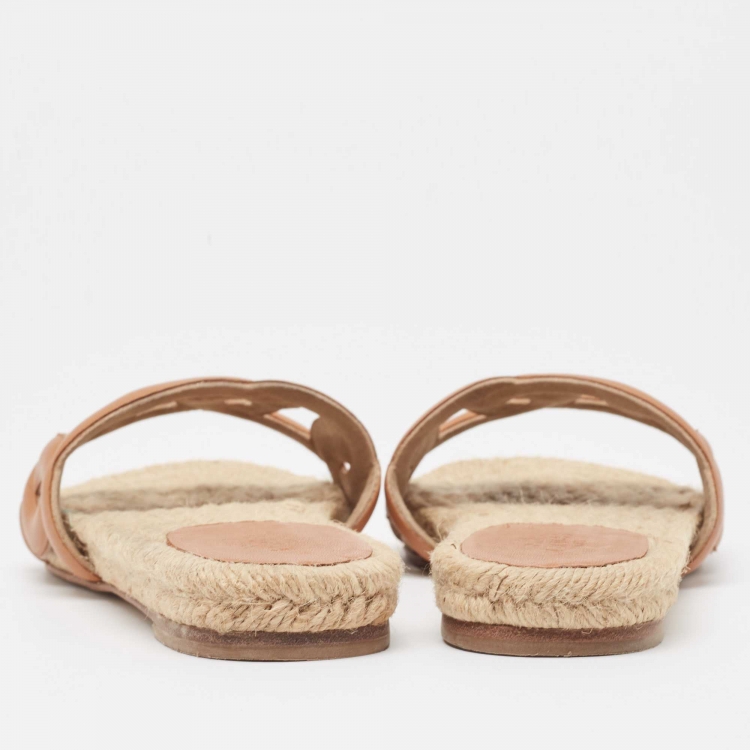 Pre Owned Hermes Brown Leather Famosa Flat Slides Size 38