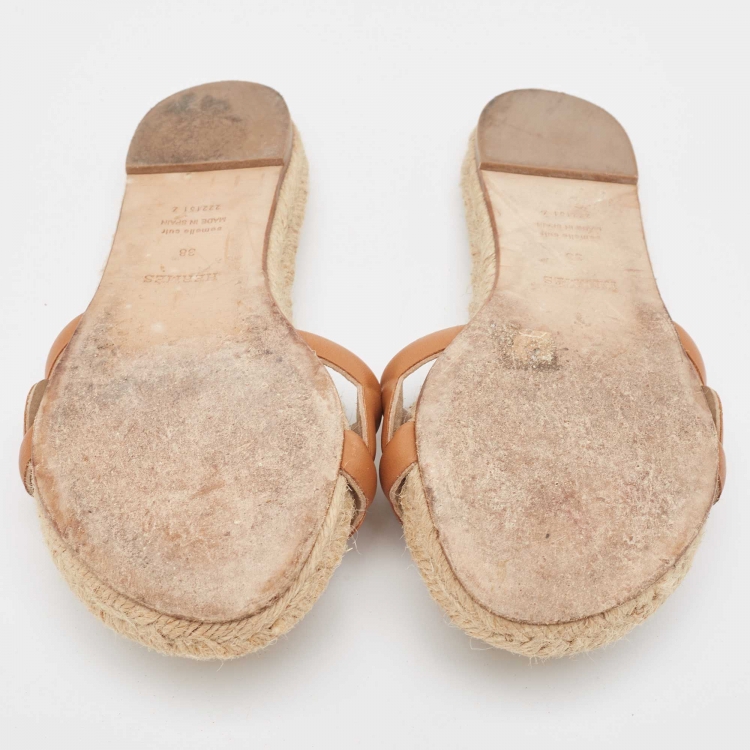 Pre Owned Hermes Brown Leather Famosa Flat Slides Size 38