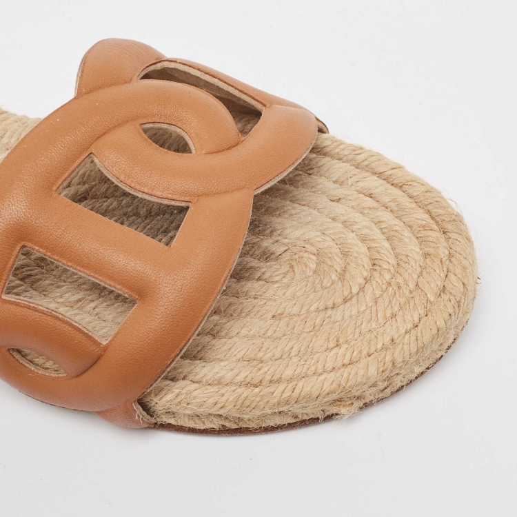 Pre Owned Hermes Brown Leather Famosa Flat Slides Size 38