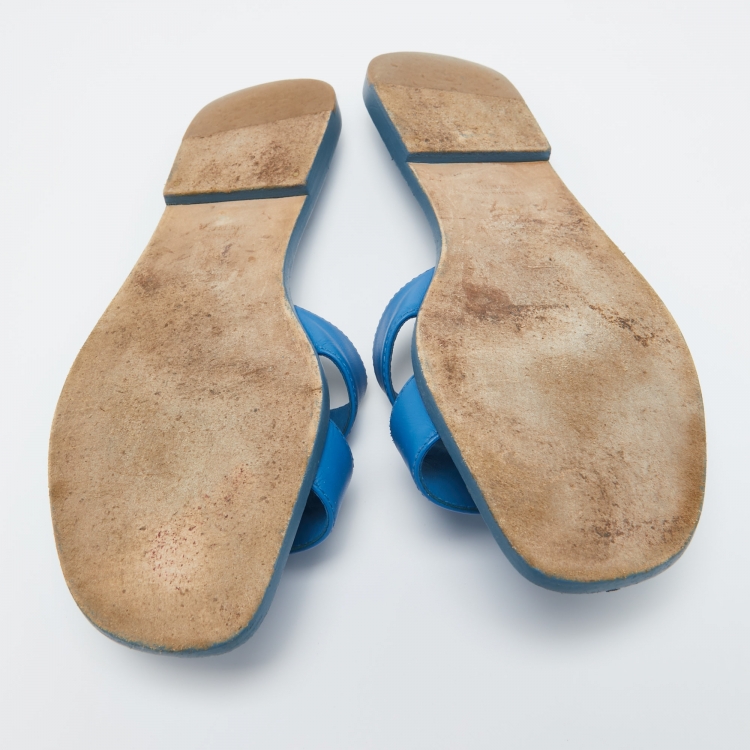 Pre Owned Hermes Blue Leather Oran Flat Slides Size 39.5