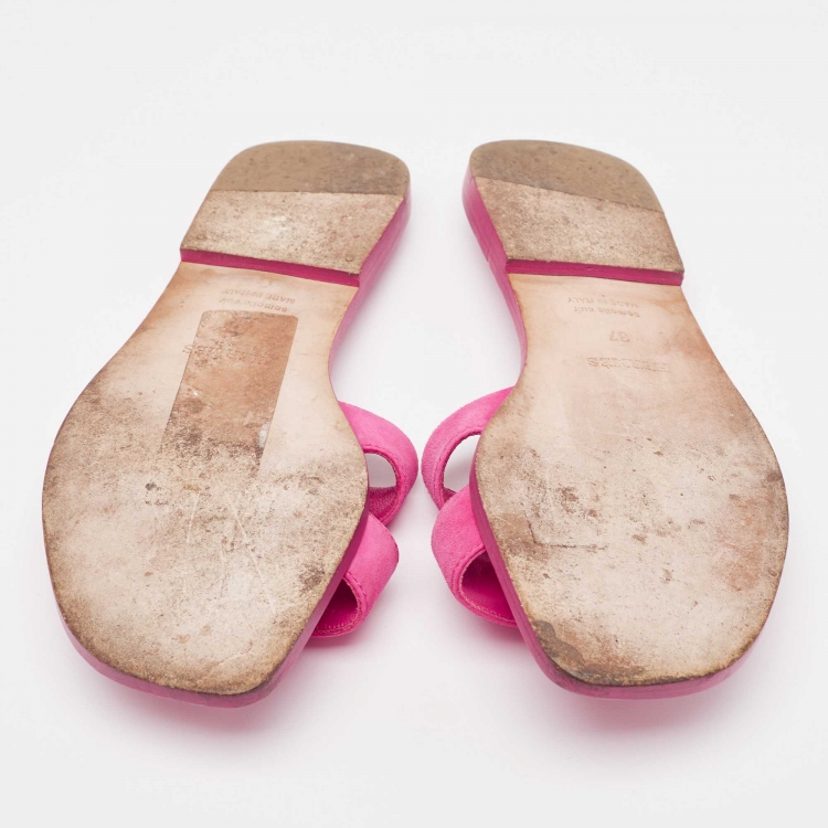 Pre Owned Hermes Pink Suede Oran Flat Slides Size 37