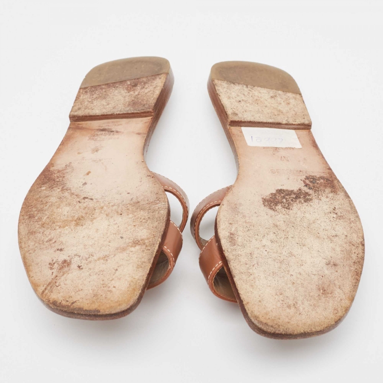 Pre Owned Hermes Brown Leather Oran Flat Slides Size 37