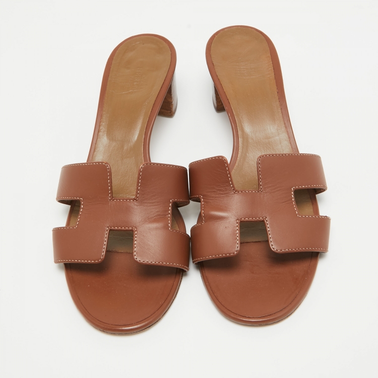 Pre Owned Hermes Brown Leather Oasis Slide Sandals Size 40