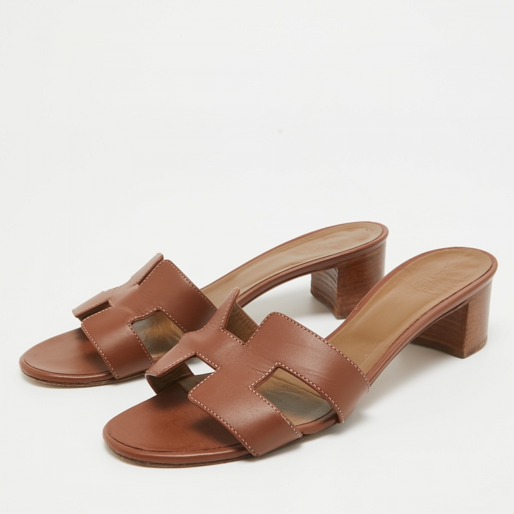 Pre Owned Hermes Brown Leather Oasis Slide Sandals Size 40