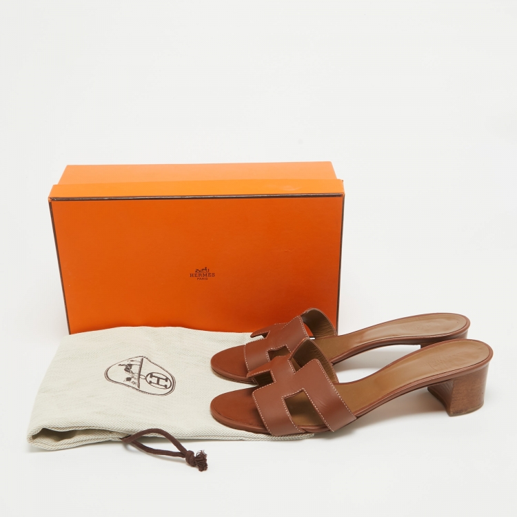 Pre Owned Hermes Brown Leather Oasis Slide Sandals Size 40