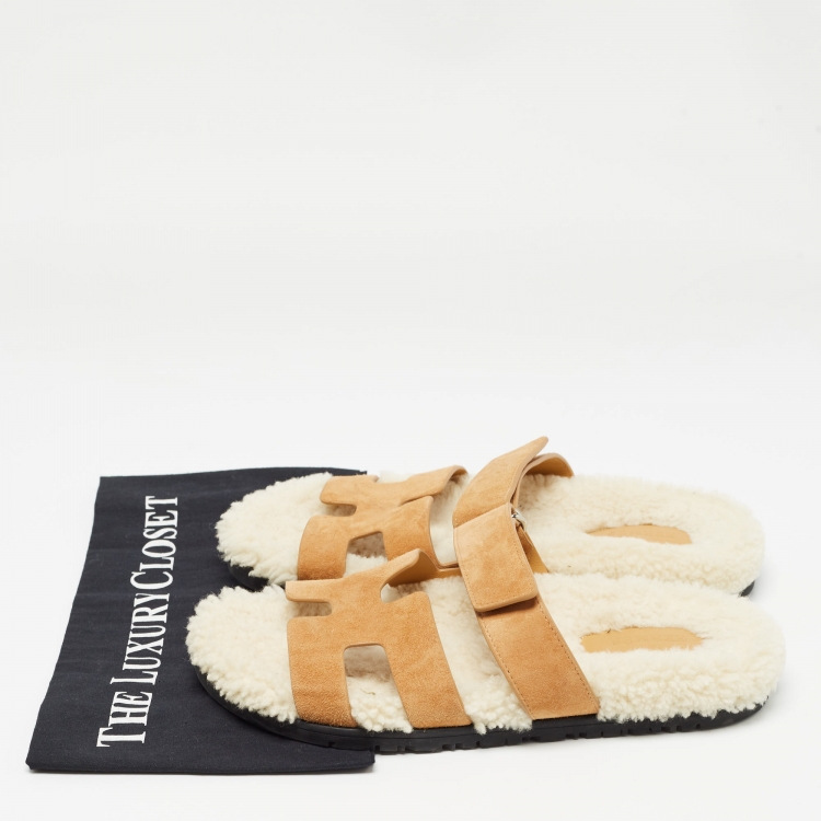 Pre Owned Hermes Brown Suede Chypre Slides Size 40