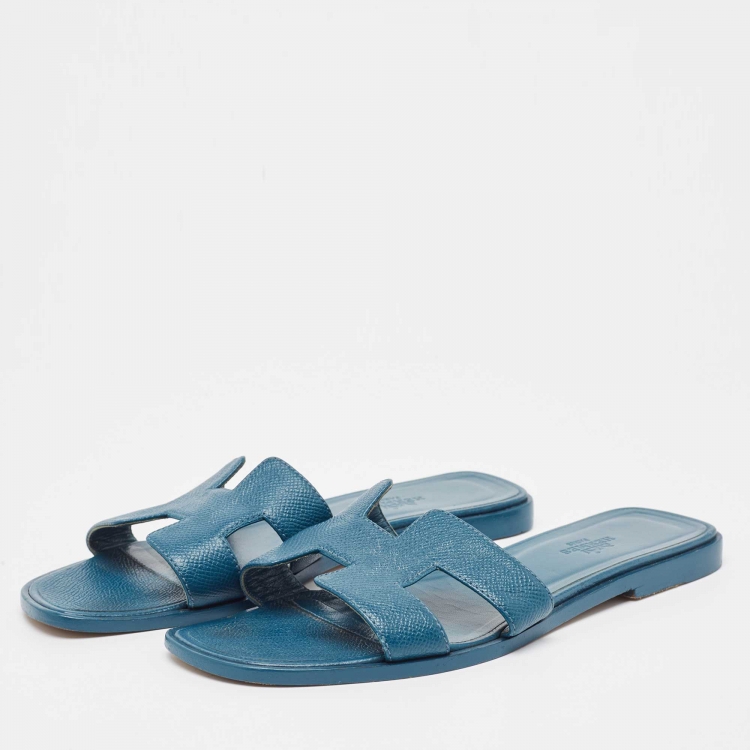 Pre Owned Hermes Teal Leather Oran Flat Slides Size 37