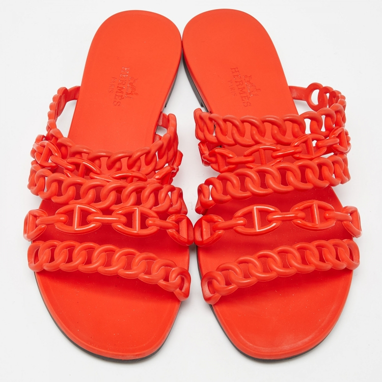 Pre Owned Hermès Orange Rubber Chaine D'ancre Flat Slides Size 36