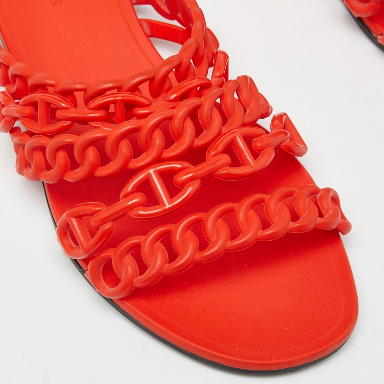 Pre Owned Hermès Orange Rubber Chaine D'ancre Flat Slides Size 36
