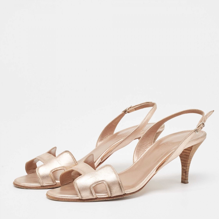 Pre Owned Hermes Metallic Leather Night Slingback Sandals Size 38