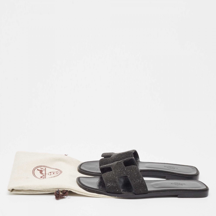 Pre Owned Hermes Black Glitter  Oran Flat Slides Size 39
