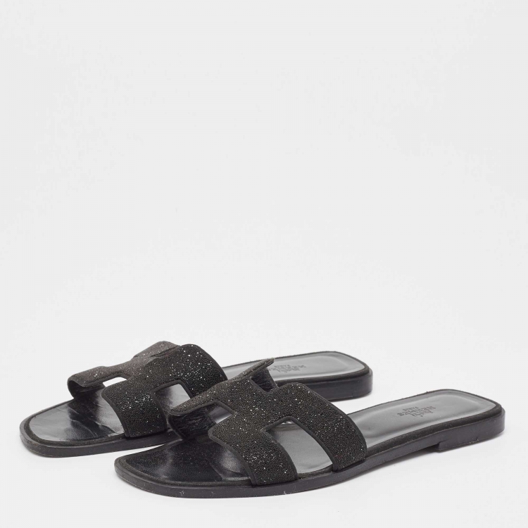 Pre Owned Hermes Black Glitter  Oran Flat Slides Size 39