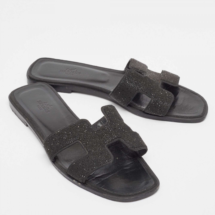 Pre Owned Hermes Black Glitter  Oran Flat Slides Size 39