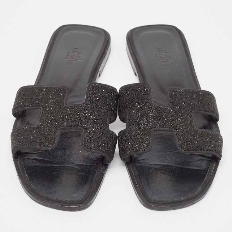 Pre Owned Hermes Black Glitter  Oran Flat Slides Size 39