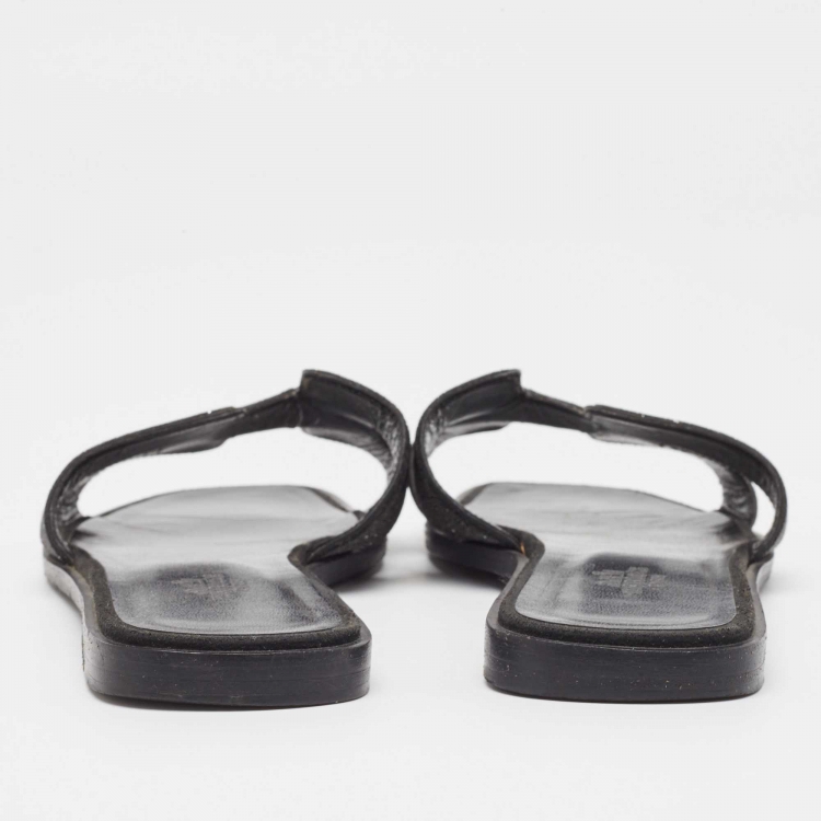 Pre Owned Hermes Black Glitter  Oran Flat Slides Size 39