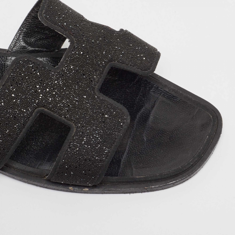 Pre Owned Hermes Black Glitter  Oran Flat Slides Size 39