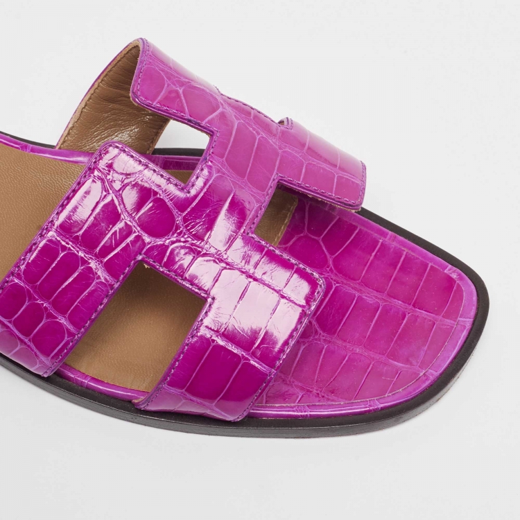 Pre Owned Hermès  Pink Crocodile Oran Flat Slides Size 39  