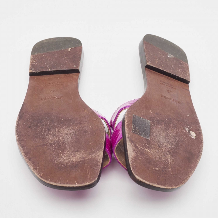 Pre Owned Hermès  Pink Crocodile Oran Flat Slides Size 39  