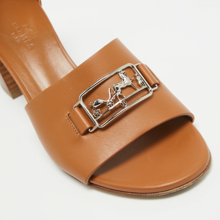 مملوكة مسبقًا Hermes Tan Leather Viaggio Ankle-Strap Sandals Size 37 
