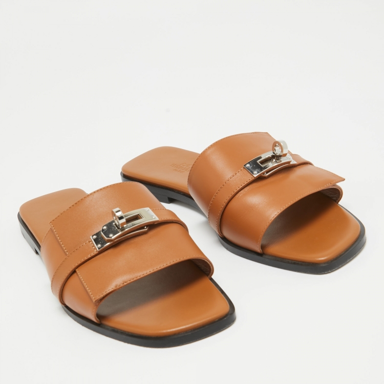 Pre Owned Hermes Brown Leather Giulia Flat Slides Size 38