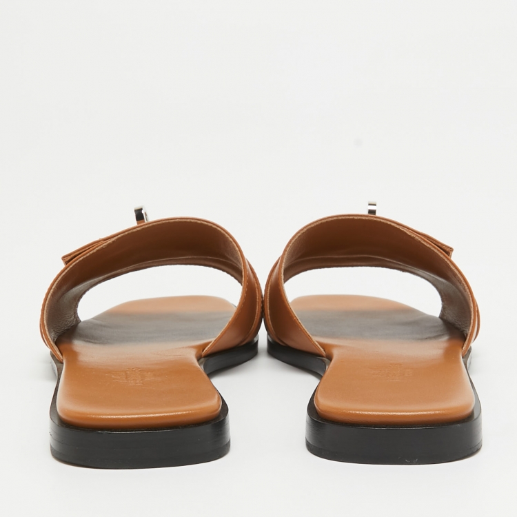 Pre Owned Hermes Brown Leather Giulia Flat Slides Size 38