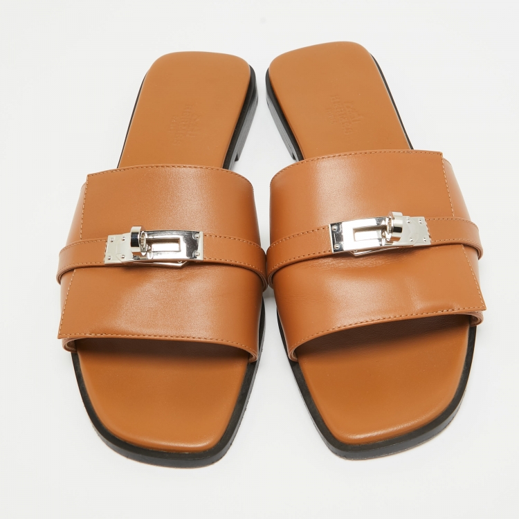 Pre Owned Hermes Brown Leather Giulia Flat Slides Size 38
