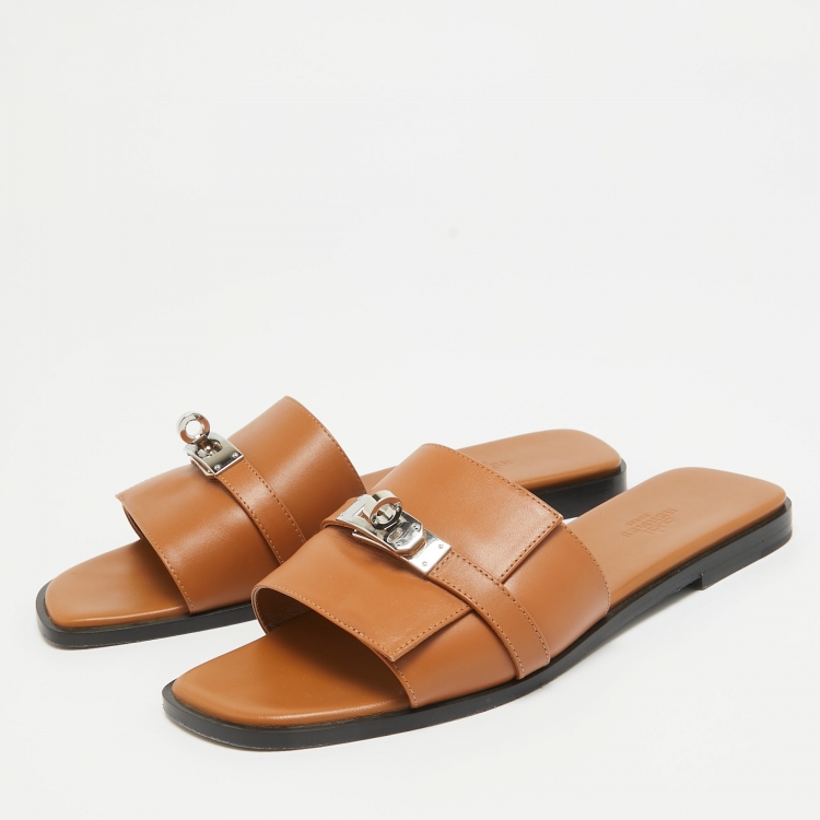 Pre Owned Hermes Brown Leather Giulia Flat Slides Size 38