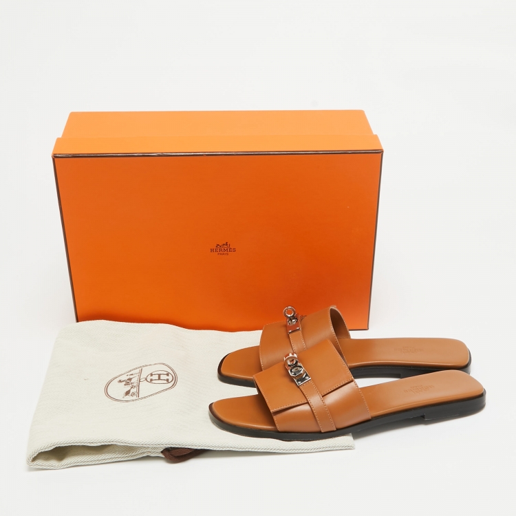 Pre Owned Hermes Brown Leather Giulia Flat Slides Size 38
