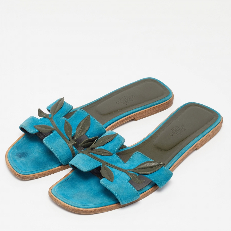 Pre Owned Hermes Blue/Green Leather and Suede Oran Laurier Sandals Size 40