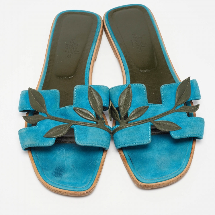 Pre Owned Hermes Blue/Green Leather and Suede Oran Laurier Sandals Size 40