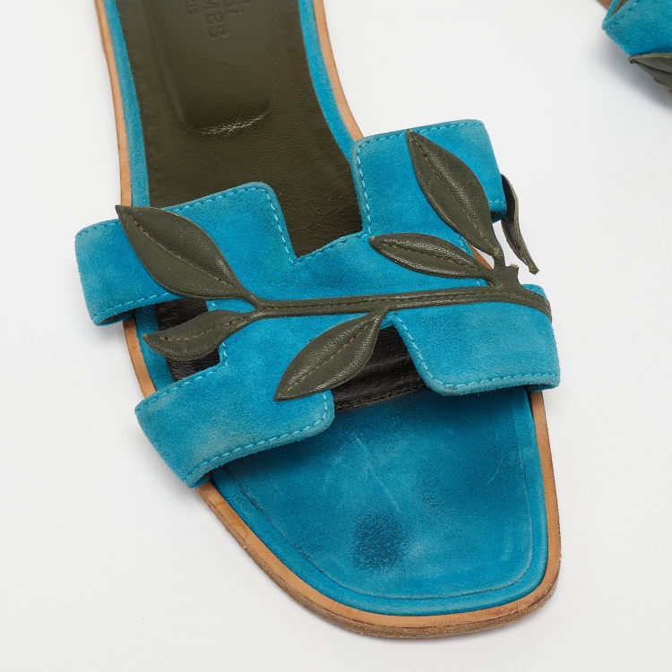 Pre Owned Hermes Blue/Green Leather and Suede Oran Laurier Sandals Size 40