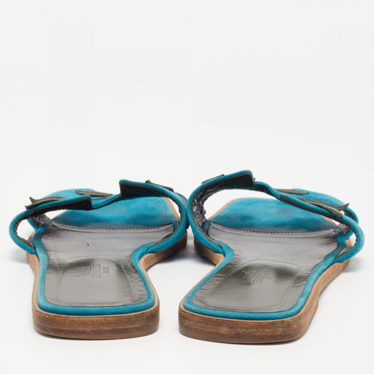 Pre Owned Hermes Blue/Green Leather and Suede Oran Laurier Sandals Size 40