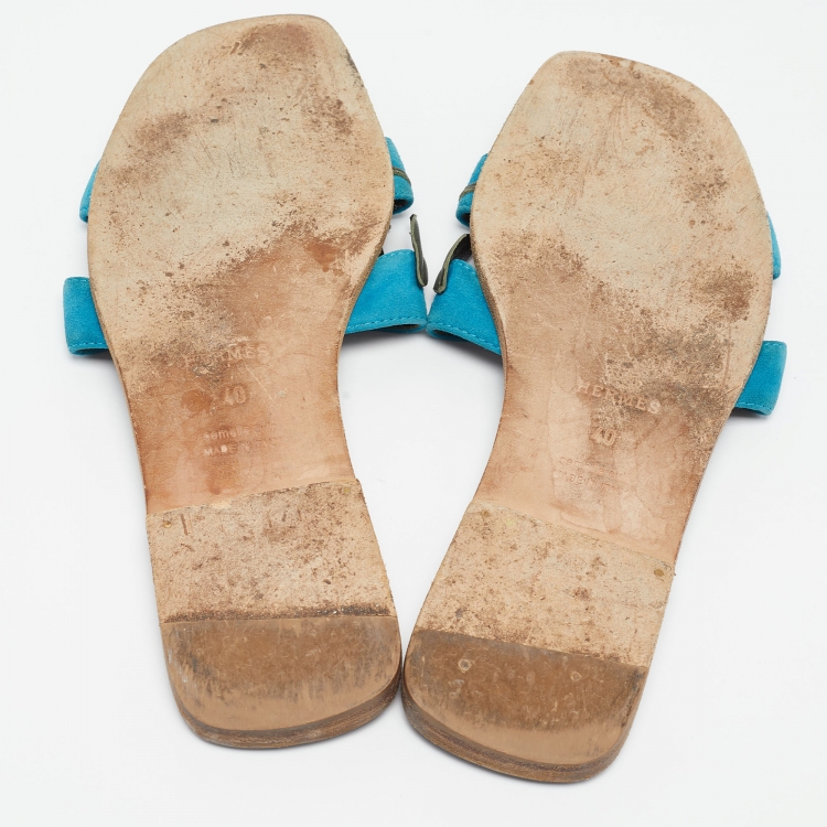 Pre Owned Hermes Blue/Green Leather and Suede Oran Laurier Sandals Size 40