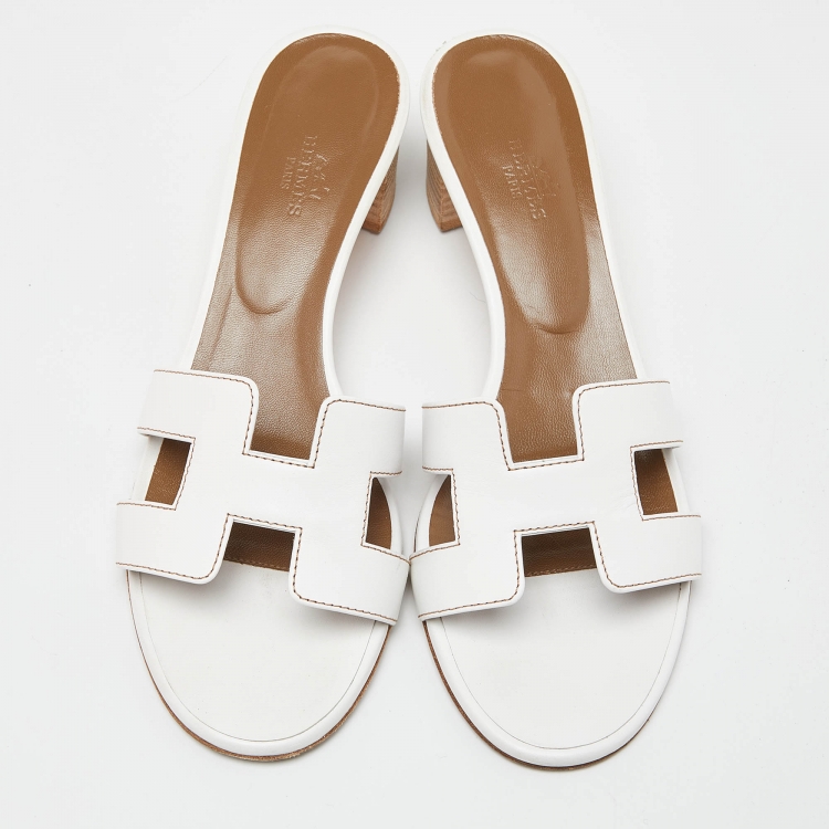Pre Owned Hermes White Leather Oasis Slide Sandals Size 40