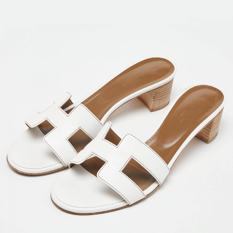 Pre Owned Hermes White Leather Oasis Slide Sandals Size 40
