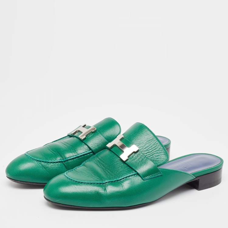 Pre Owned Hermes Green Leather Trocadero Mules Size 38 